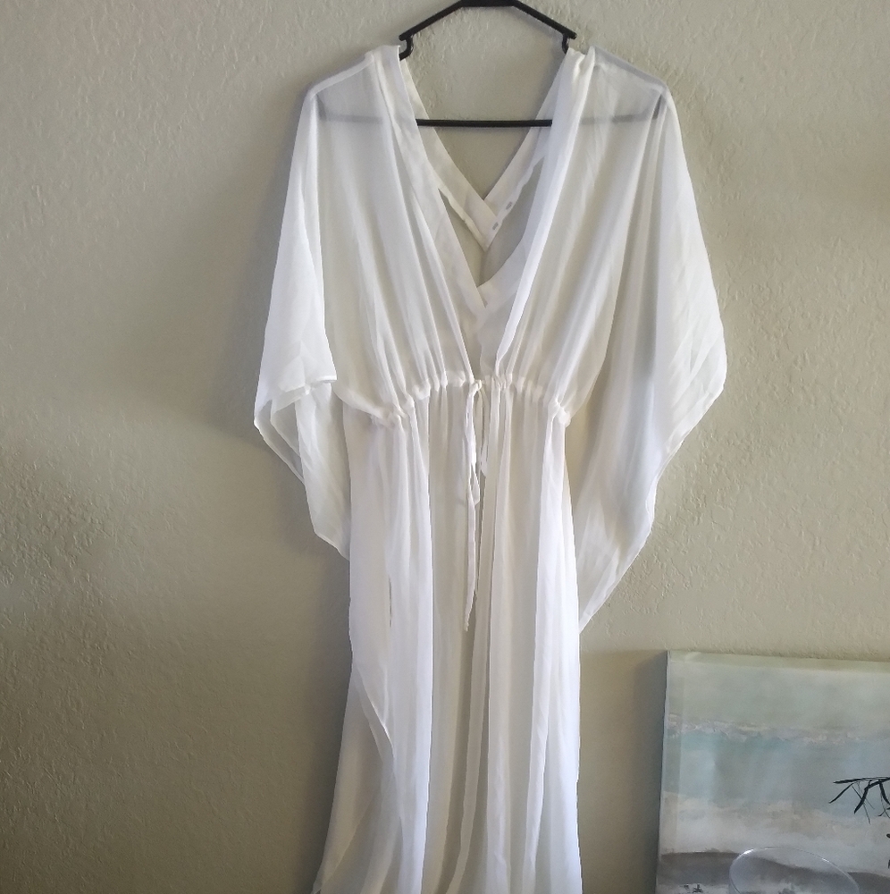 Bat Wing Sleeves Self Tie Double V Neck Assymetrical Side Slits White Cover up